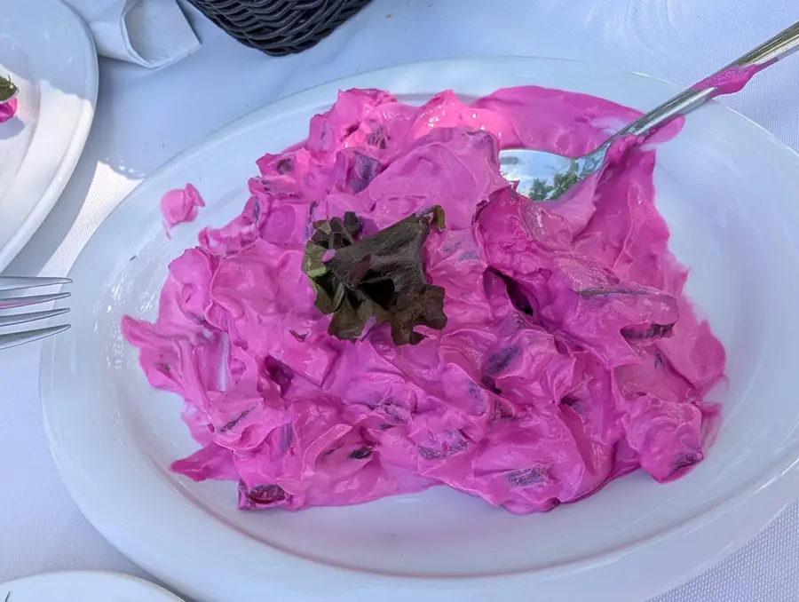 Beetroot folded through thick garlic yoghurt, vivid pink on a white oval plate, topped with a leaf of red lettuce